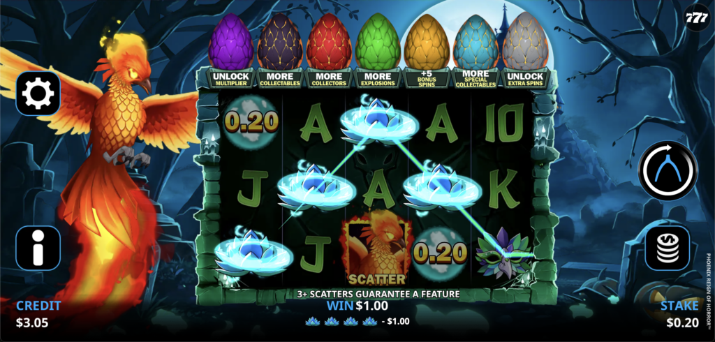 A small line win (1$ on a $0.20 bet) in the casino halloween slot game Phoenix Reign of Horror.