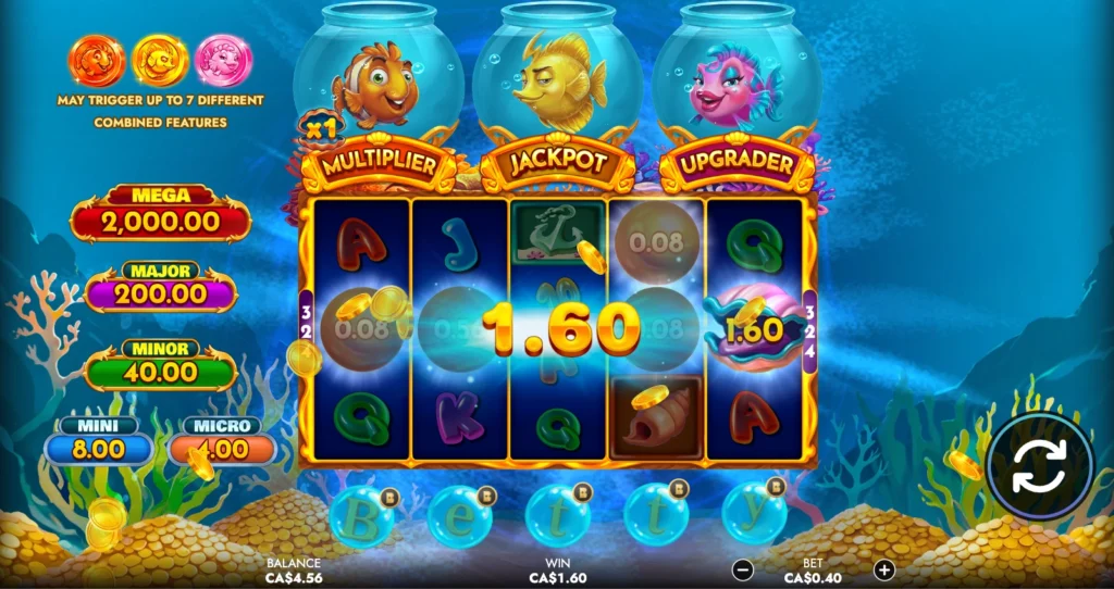 The base game screen of the casino slot game Triple Squeeze, after a round paid out $1.60 on a $0.40 bet during the cash collect mechanic where pearls collect their values into a clam.