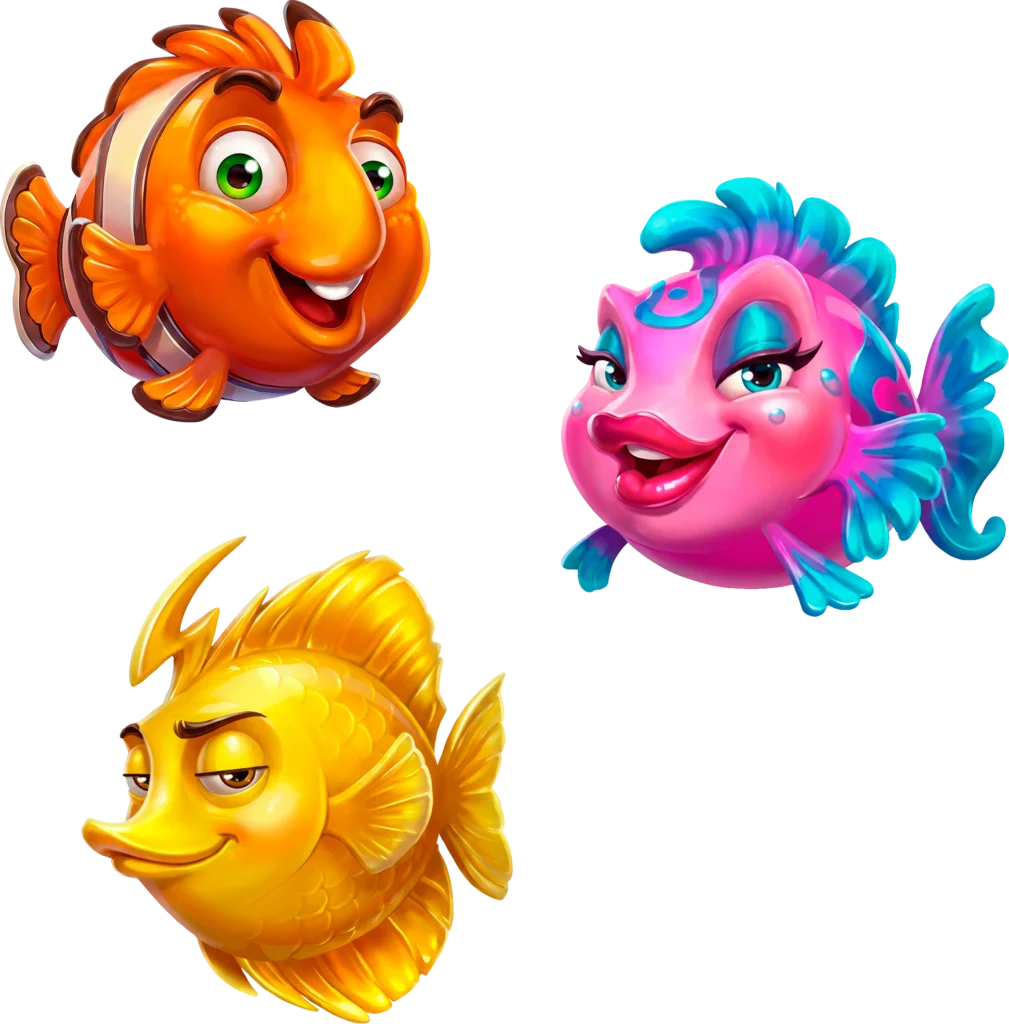 The three fish characters from the casino slot game Triple Squeeze: an orange fish, a yellow fish and a pink fish.